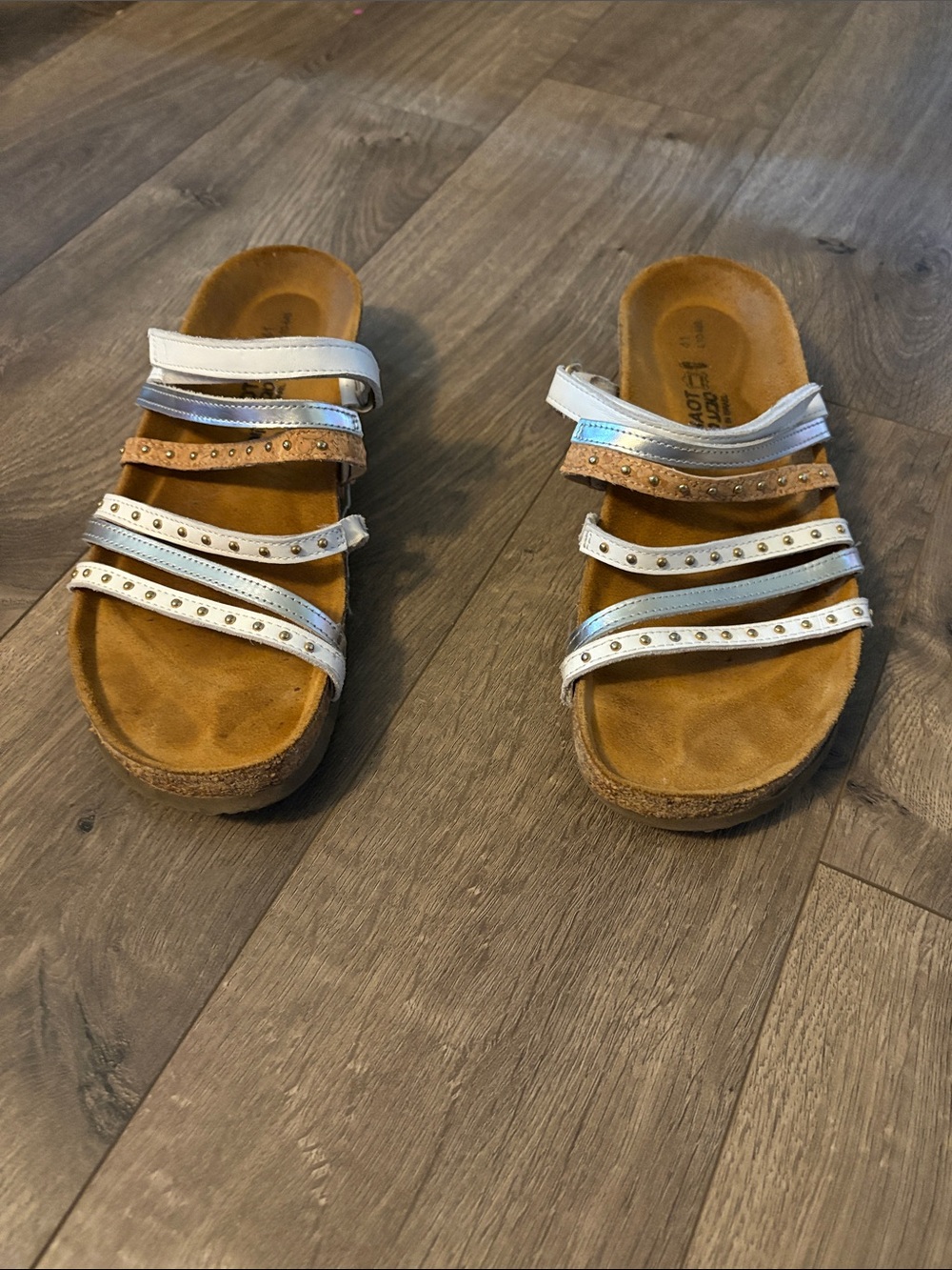 NAOT Comfort Slide Sandals with Metallic and Tan Straps